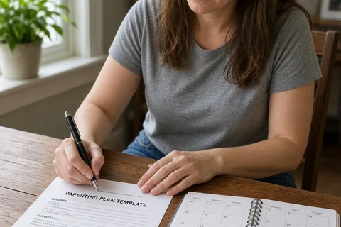 A clearly adult woman in her mid-thirties with straight brown hair wearing a casual gray t-shirt and jeans writing in a parenting plan template at a wooden table with an open calendar placed next to h