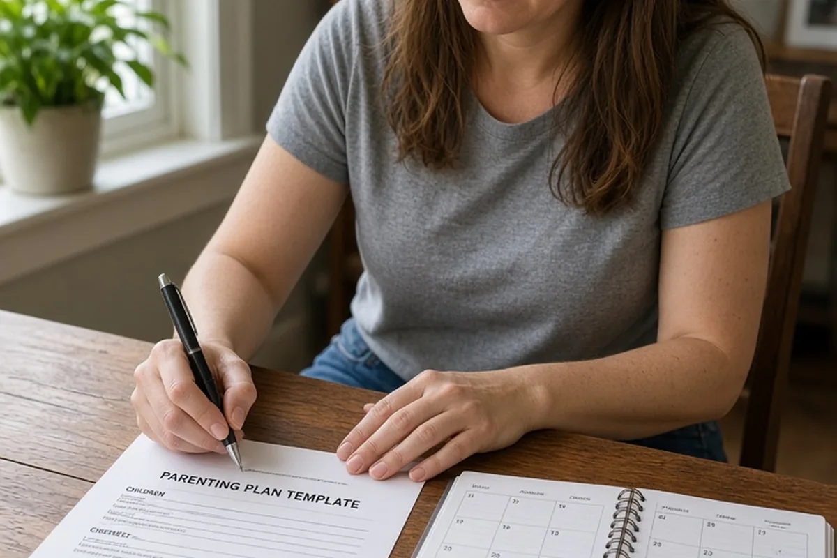 A clearly adult woman in her mid-thirties with straight brown hair wearing a casual gray t-shirt and jeans writing in a parenting plan template at a wooden table with an open calendar placed next to h