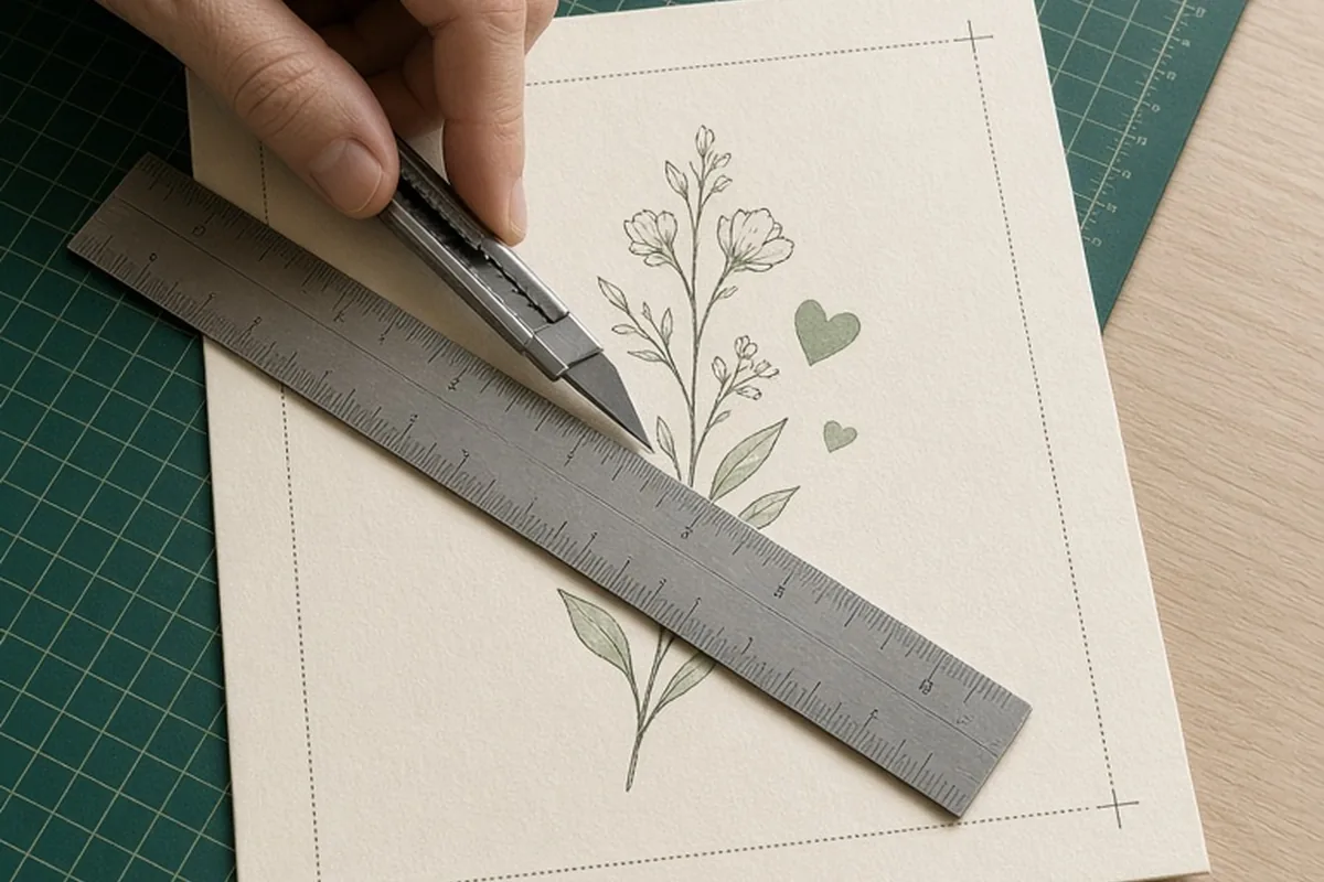 A hand using a utility blade and metal ruler to cut a printed card with a botanical design on a mat under natural light from a window.