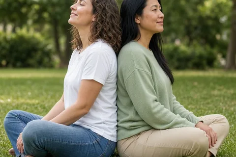 Two women sitting back to back on grass leaning against each other