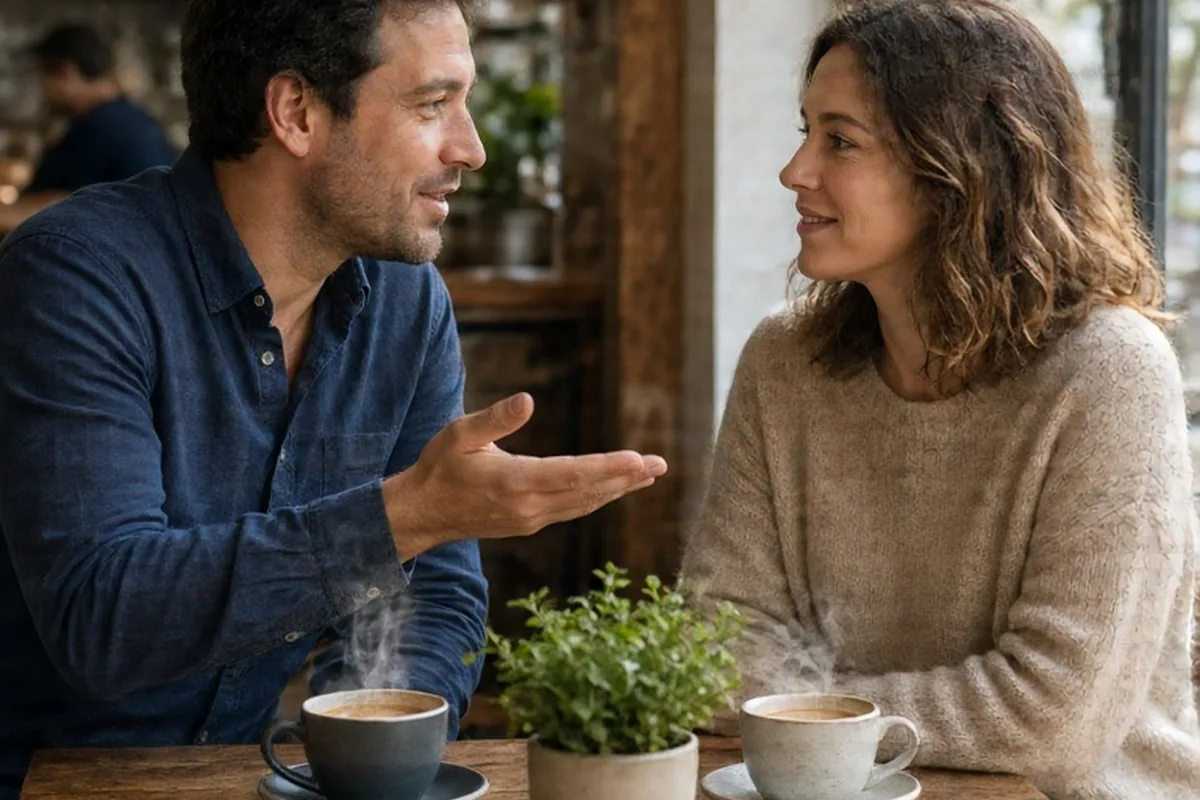 Two adults at a cafe table discussing a proposed coffee meetup