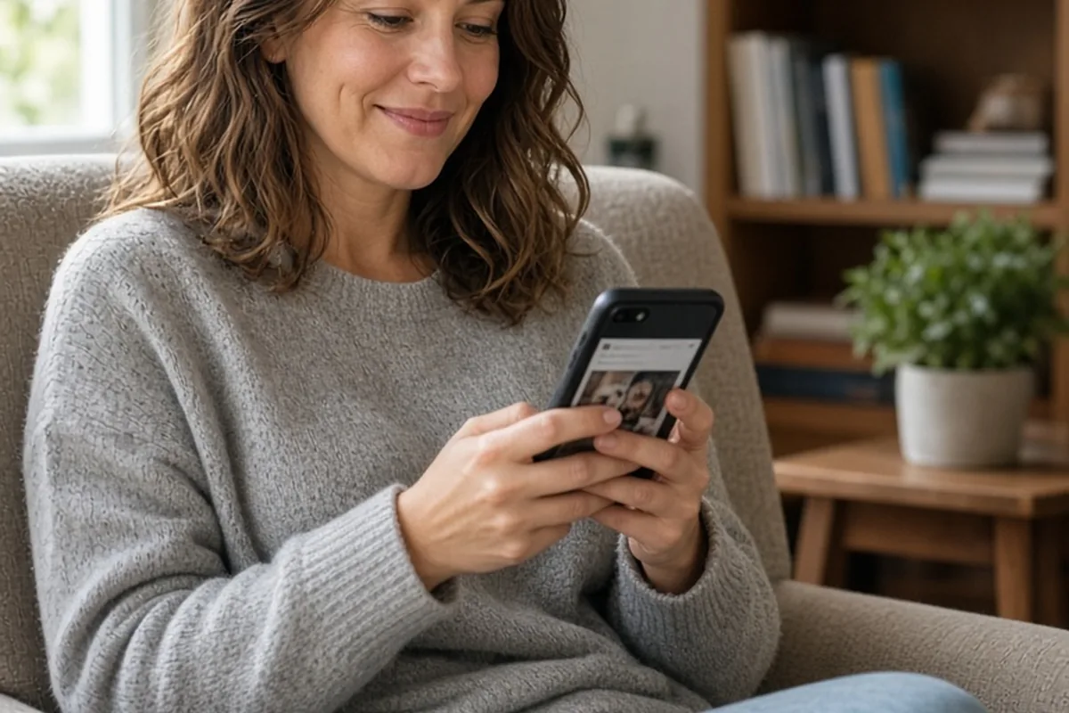 A woman with shoulder-length wavy brown hair sitting in a living room holding a smartphone and smiling softly.