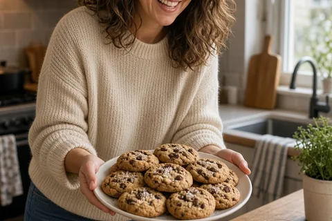 A clearly adult woman in her thirties with wavy shoulder-length brown hair standing in a cozy kitchen, holding a tray of golden brown chocolate chip cookies and smiling contentedly