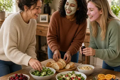 Group of six adult women at a home dining table sharing brunch food and wearing facial masks