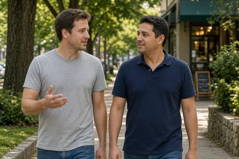 Two adult men walking on a sidewalk, one gesturing as he invites the other on a run to the sandwich shop.
