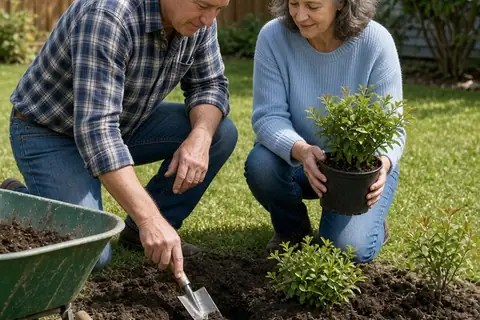A clearly adult couple with salt-and-pepper hair working together in a backyard garden on a landscaping project
