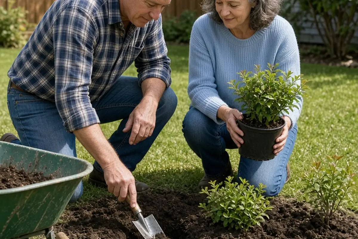 A clearly adult couple with salt-and-pepper hair working together in a backyard garden on a landscaping project
