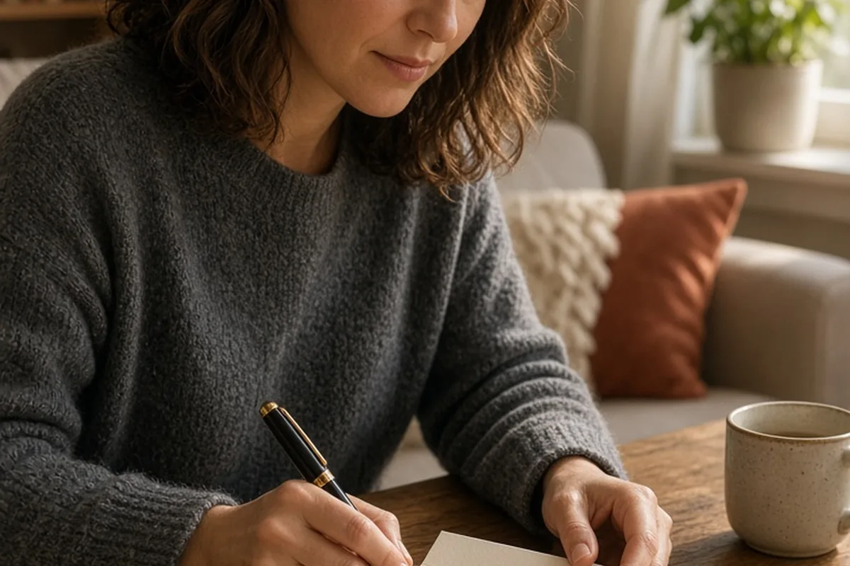 A woman in her early thirties with shoulder-length wavy brown hair wearing a cozy gray sweater sits at a wooden table in a sunlit living room, writing a message on a blank Valentine's Day greeting car