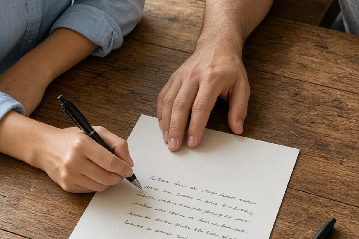 A close-up of a couple's hands writing on paper at a wooden kitchen table under soft natural window light