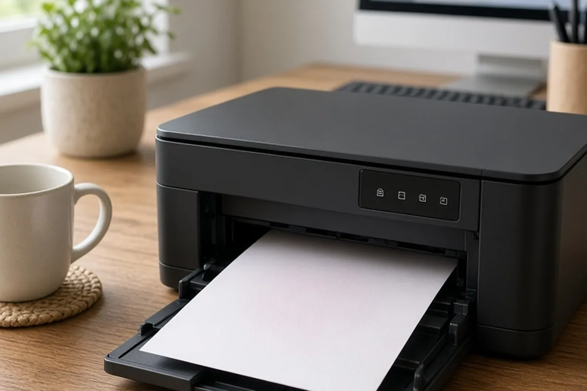 A home printer on a wooden desk with a printed Valentine's card on heavy cardstock emerging from the output tray