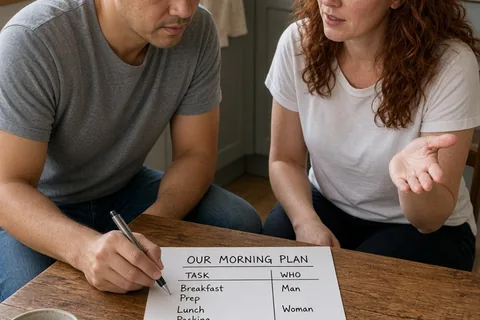 A man and woman in their thirties at a kitchen table writing a list of morning tasks on paper