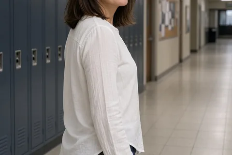 Woman in school hallway walking away smiling after setting a co-parenting boundary while focused on her son's performance