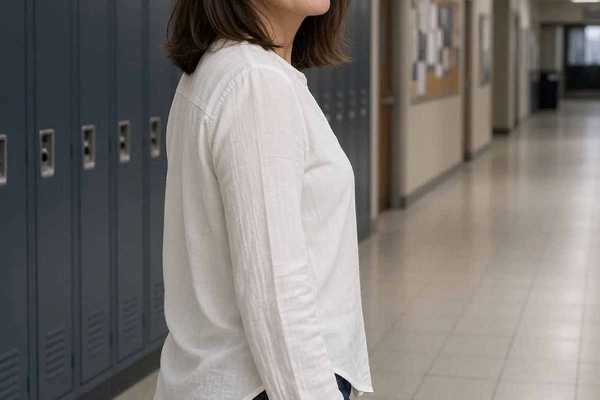 Woman in school hallway walking away smiling after setting a co-parenting boundary while focused on her son's performance