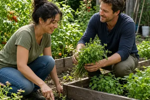 Two adults in their 30s working in a community garden, one planting a seedling and the other handing over herbs and tools