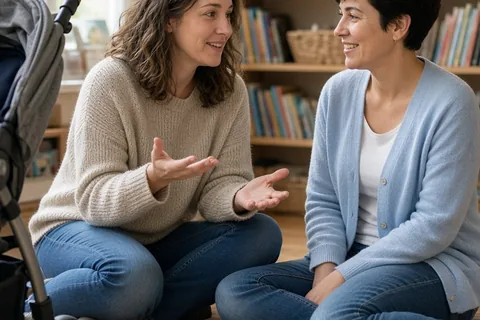 Two adult women sitting on the floor of a library during a storytime session, one gesturing and speaking to the other