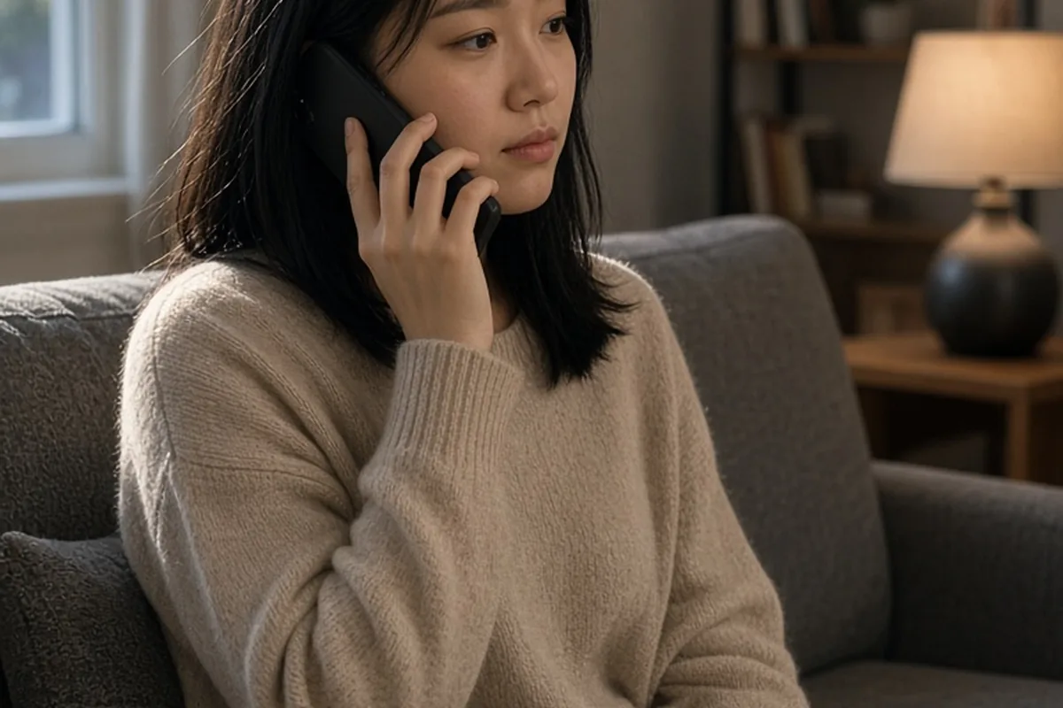 A woman with shoulder-length black hair sitting on a sofa in a living room holding a phone to her ear and speaking with a calm expression