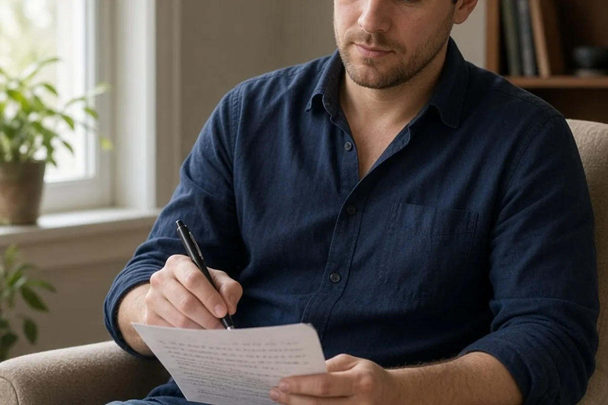 A man in his thirties with short brown hair sitting on an armchair in a living room writing a note on paper with a pen, calm expression, medium shot from eye level