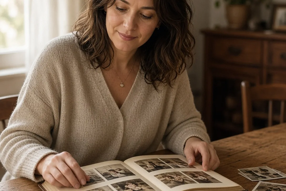A woman in her thirties with shoulder-length wavy brown hair sits at a wooden table examining an old photo album in a sunlit room