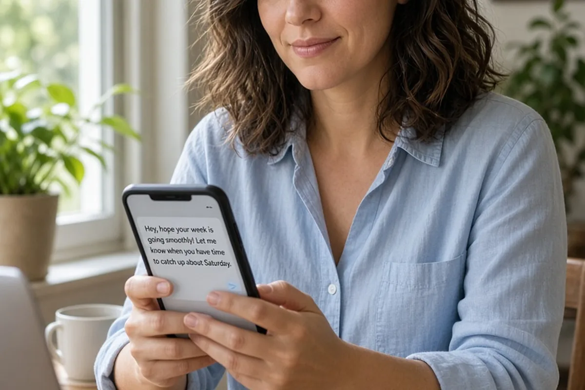 A woman in her early thirties with wavy brown hair typing a text message on her smartphone at a desk in a bright apartment