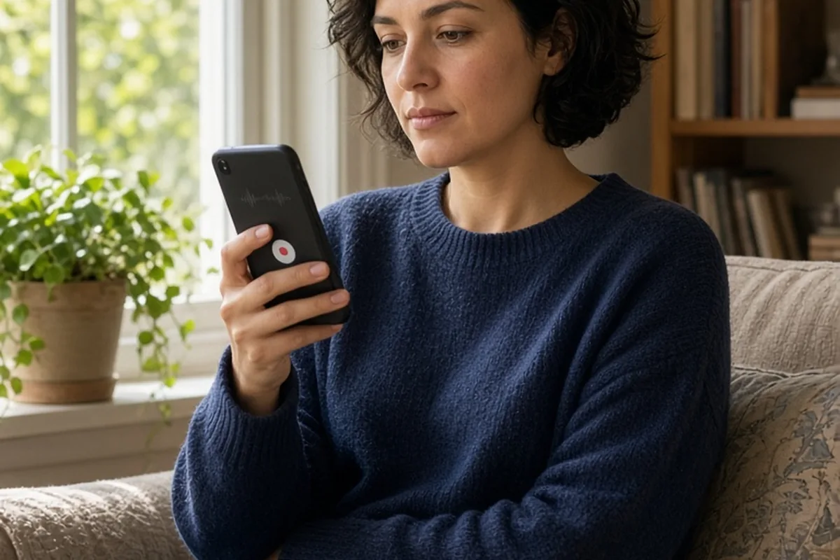 A clearly adult woman in her early thirties with short dark hair wearing a casual navy sweater and jeans sits in a brightly lit room recording a voice note into her smartphone