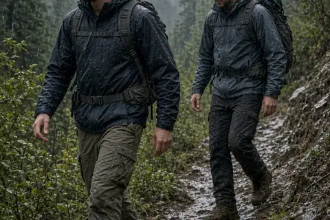 Two adult brothers hiking on a muddy trail in the rain, one leading the way with steady composure
