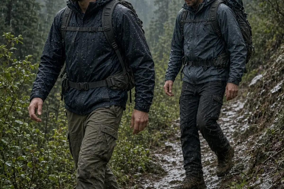 Two adult brothers hiking on a muddy trail in the rain, one leading the way with steady composure