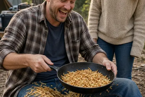 A man laughing hysterically while eating hash browns from a pan at a campsite with a friend nearby
