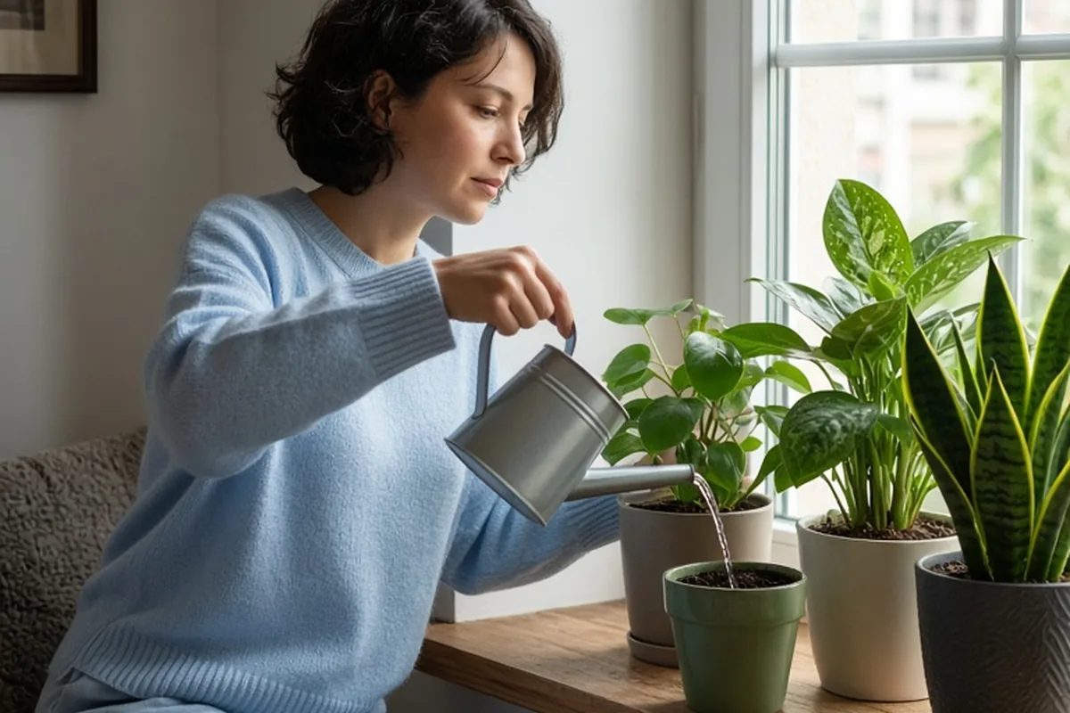 A clearly adult woman in her early thirties with short dark hair wearing a casual light blue sweater and pants tending to houseplants on a windowsill in a sunlit apartment