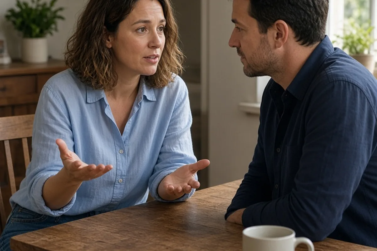 A woman in her thirties with wavy brown hair gesturing at a wooden dining table while talking to a man in his thirties with dark hair who is nodding in agreement.
