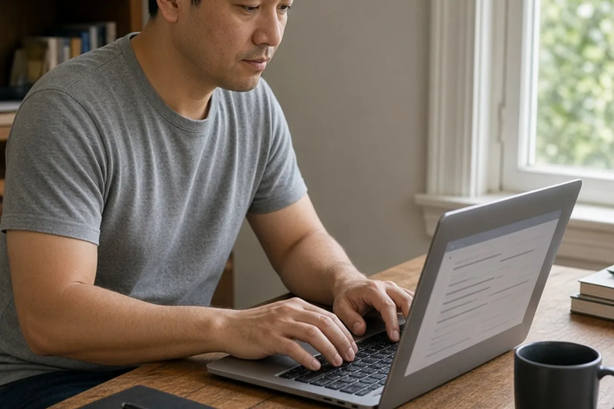 A man in his thirties with short black hair typing on a laptop at a wooden desk in a home office with soft natural light from the right window