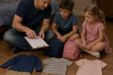 A single father in his thirties sitting on the floor of a bedroom with his two young children, all preparing school clothes and backpacks together at night.