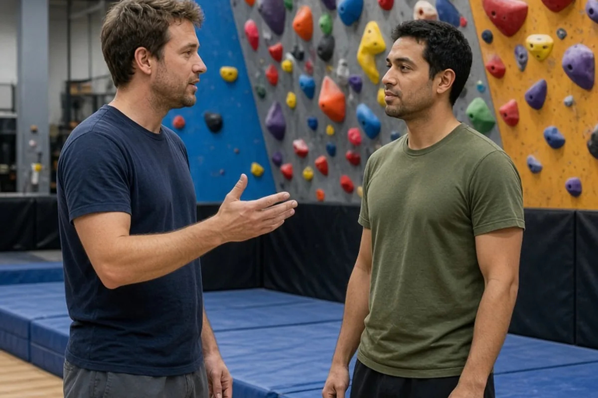 Two adult men in casual athletic wear conversing in an indoor rock climbing gym with colorful climbing walls