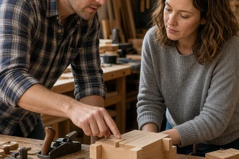 A man and a woman in a workshop collaborating on a wooden joint, one demonstrating while the other observes