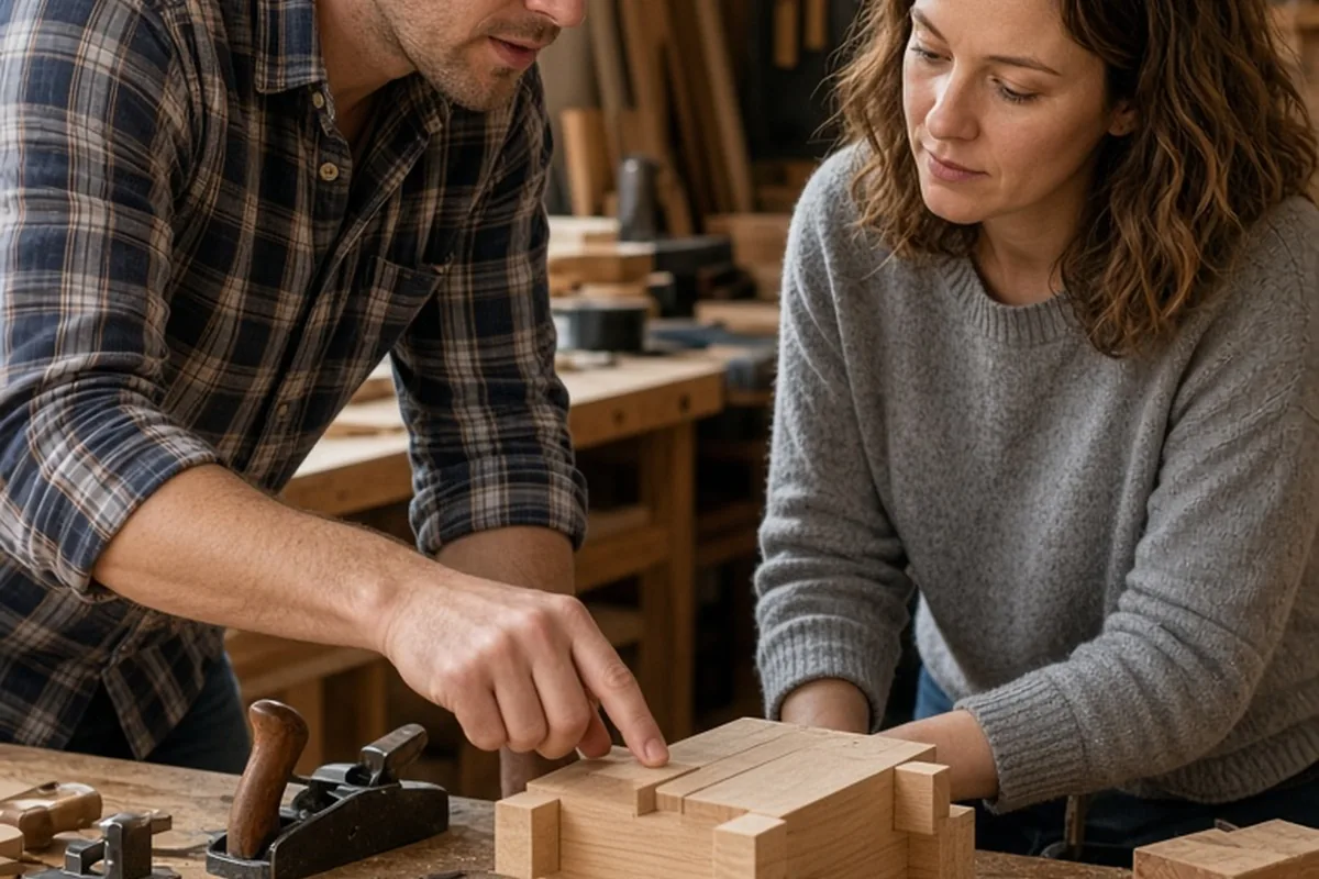 A man and a woman in a workshop collaborating on a wooden joint, one demonstrating while the other observes