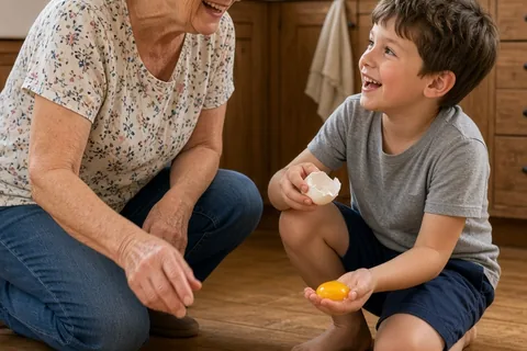 elderly grandmother with gray hair in ponytail and young boy with brown hair smiling in a kitchen examining broken eggs on the floor