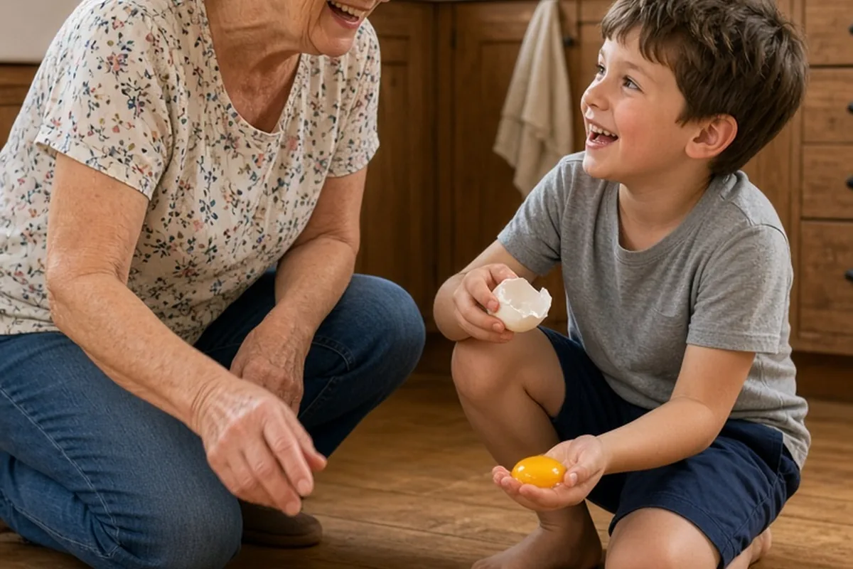 elderly grandmother with gray hair in ponytail and young boy with brown hair smiling in a kitchen examining broken eggs on the floor