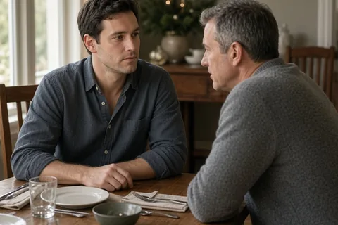 Two adult brothers at a dining table, the younger one calmly stating his boundaries to his older brother who continues speaking.