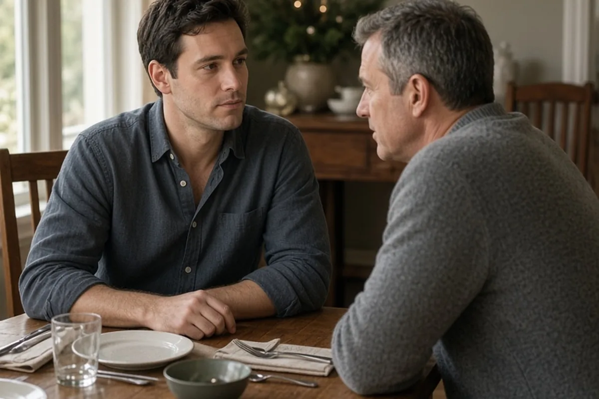 Two adult brothers at a dining table, the younger one calmly stating his boundaries to his older brother who continues speaking.