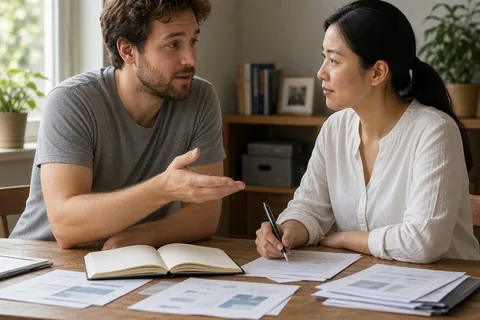 A man and a woman seated at a wooden desk in a home office discussing financial topics, the man gesturing at a notebook while the woman listens with papers nearby, all unreadable documents