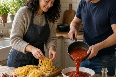 A couple preparing Italian ingredients like pasta and sauce together in a home kitchen for their romantic movie night