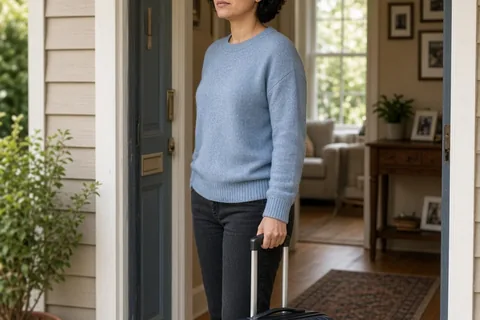 A woman in her mid-thirties with short dark hair standing in a home entryway holding a suitcase and looking toward the open door