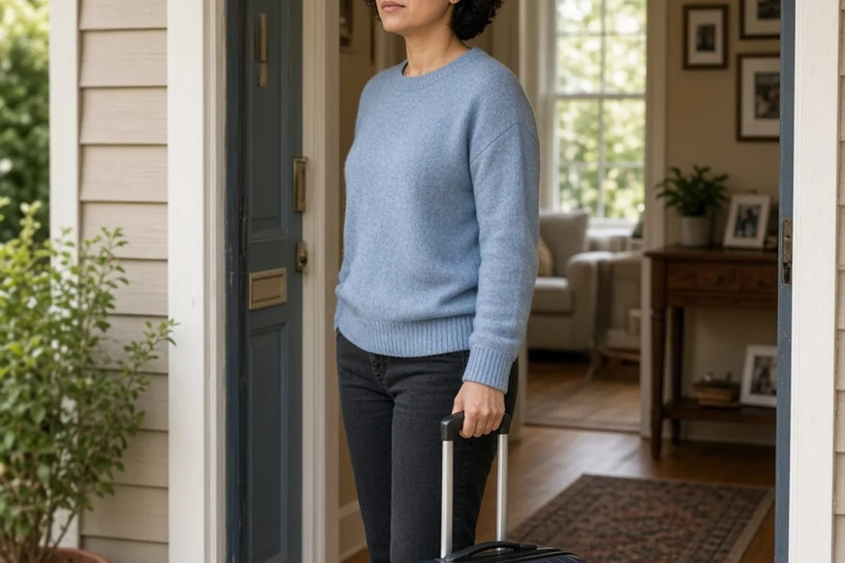 A woman in her mid-thirties with short dark hair standing in a home entryway holding a suitcase and looking toward the open door