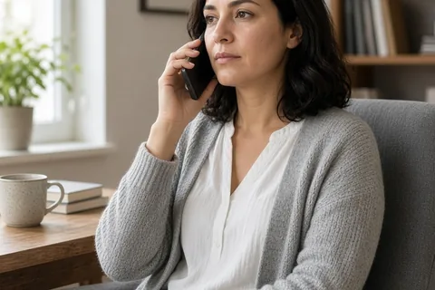 A woman in a home office holding a phone to her ear while calmly speaking, her expression calm and composed