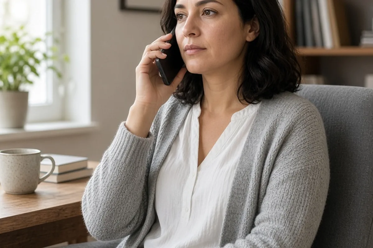 A woman in a home office holding a phone to her ear while calmly speaking, her expression calm and composed