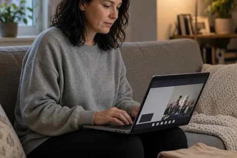 A single parent in casual clothes sitting on a couch in a living room looking at a laptop with an unreadable video call screen with folded clothes nearby