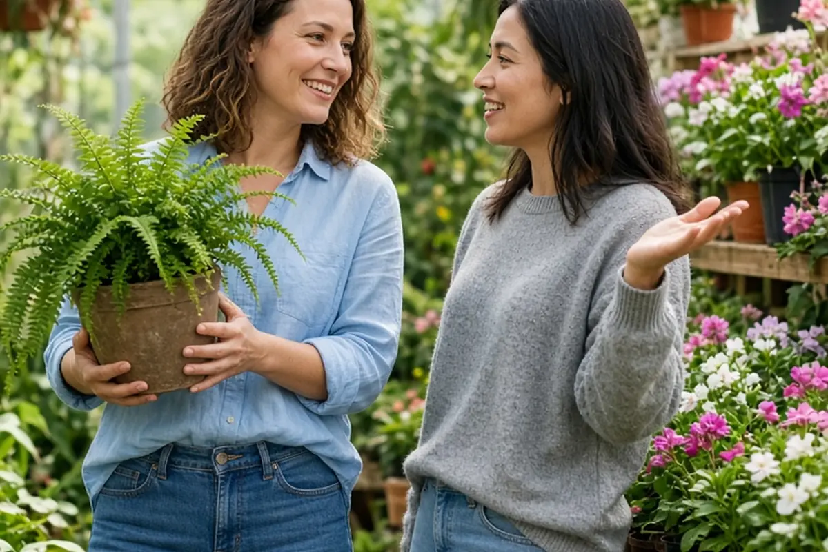 Two adult sisters in a greenhouse aisle, one holding a potted fern and the other pointing at plant shelves