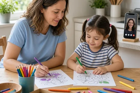 A mother and daughter coloring a shared sheet of paper at a kitchen table with a smartphone on the counter