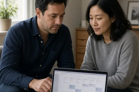A man and a woman sitting at a desk in an office reviewing a laptop screen showing a shared calendar