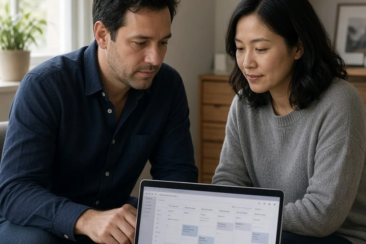 A man and a woman sitting at a desk in an office reviewing a laptop screen showing a shared calendar