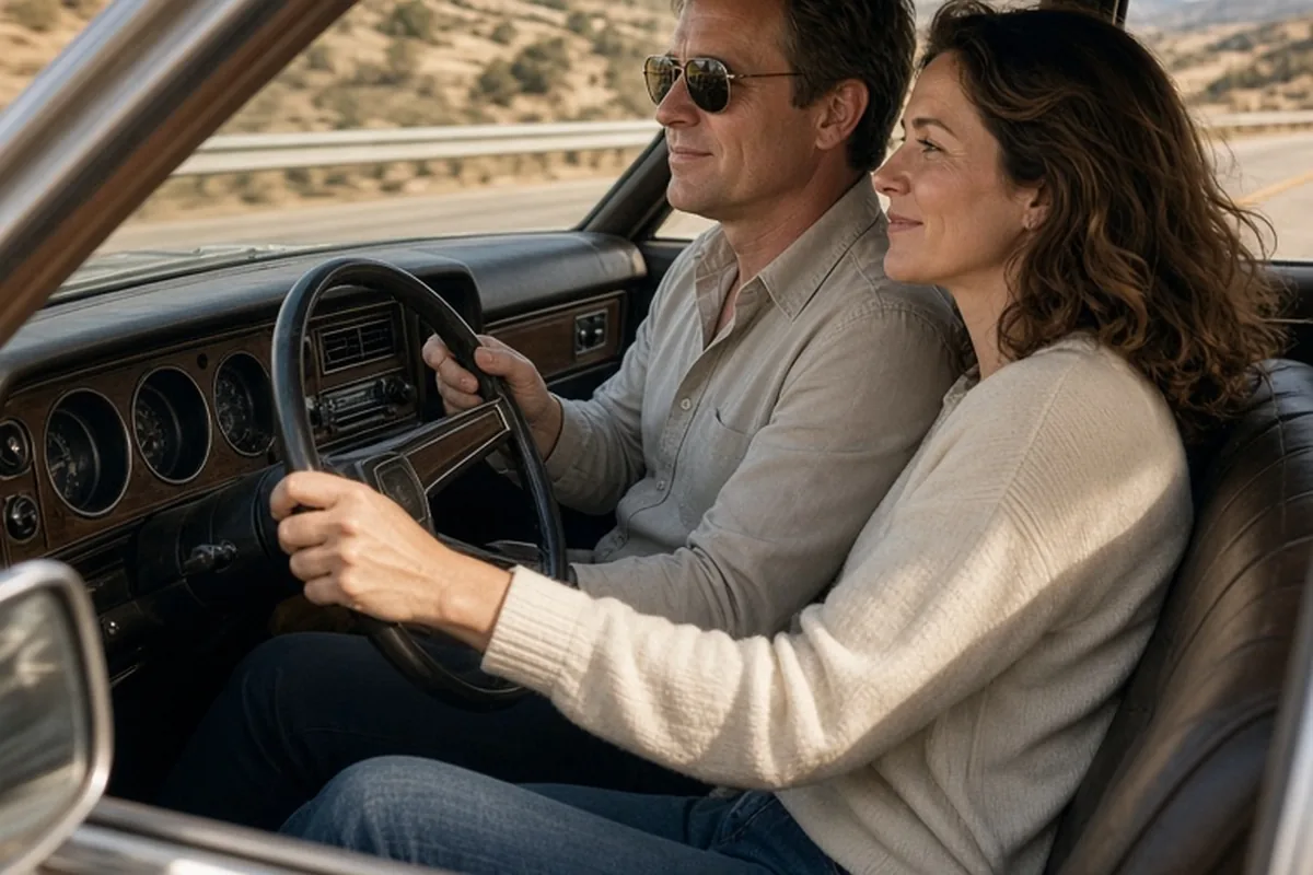 Two adult siblings in a vintage station wagon on a highway, the man driving and the woman in the passenger seat gazing out the windows